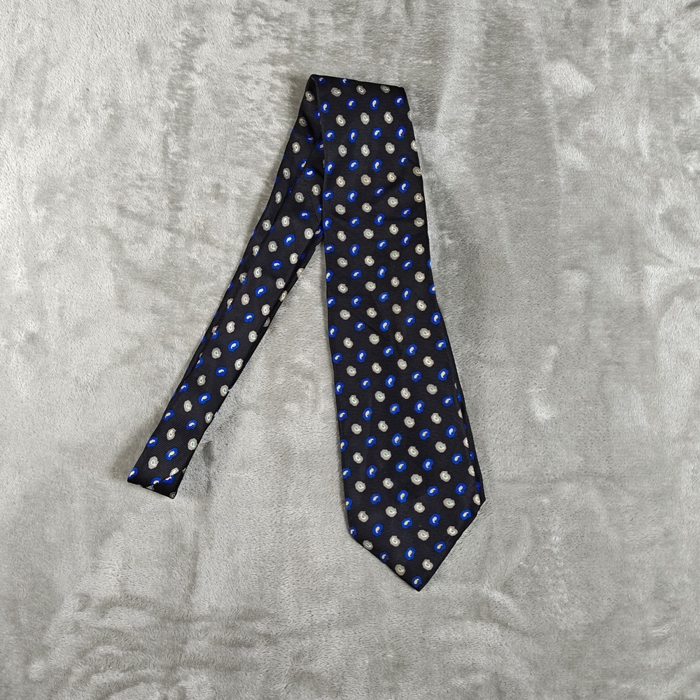 Vintage Robert Talbott Tie Mens Black Blue Abstract Polka Dot Hand Sewn Silk 70s